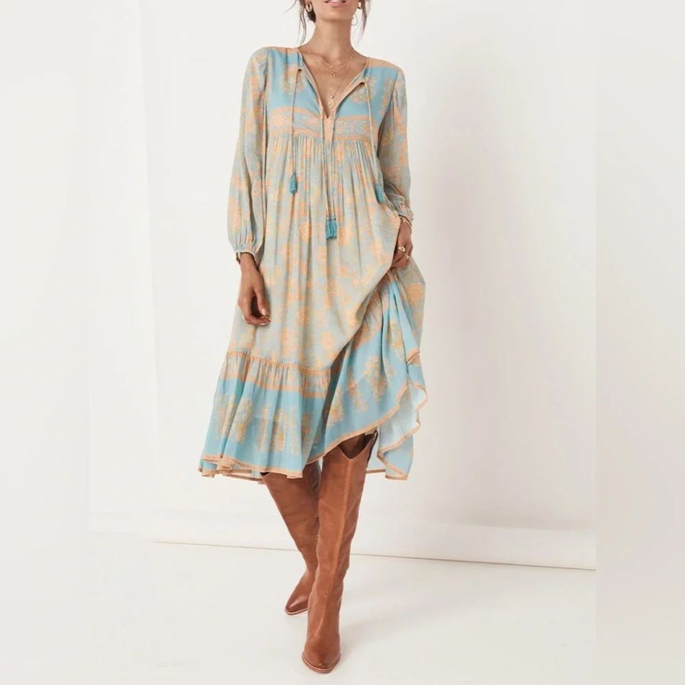 Spell & the Gypsy Collective Juniper Boho Midi Dress Eggshell Blue M Medium 6 8 - Picture 2 of 15